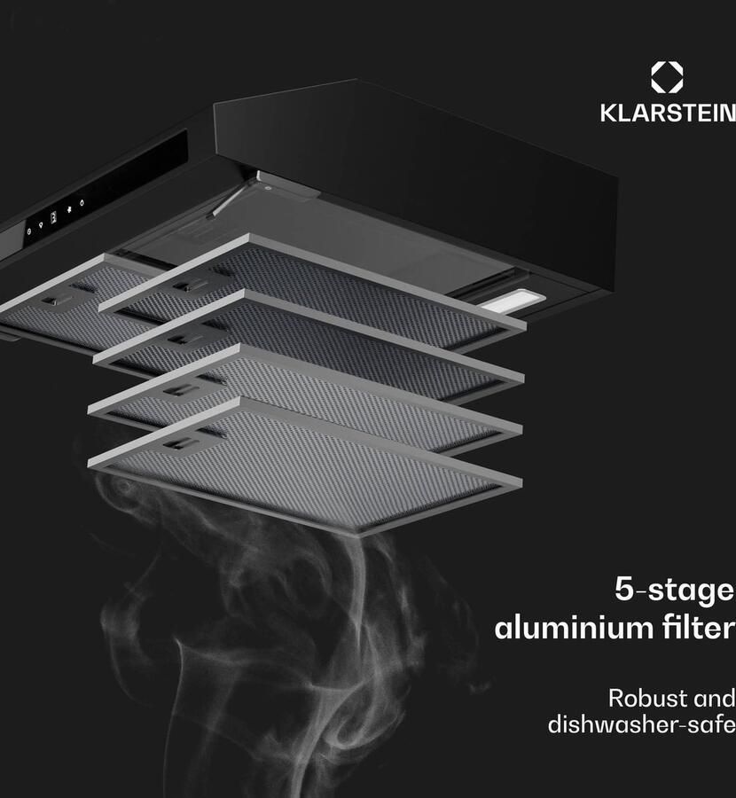 Klarstein Afzuigkap Purista Force Wandafzuigkap 60 cm 343 m³ h Dual 2x60 W motoren LED touch panel LED verlichting Houtskoolfilter CEE C Zwart Onderbouw Afzuigkap 343 m³ u 50 cm voor Keuken Recirculatie Energiezuinig
