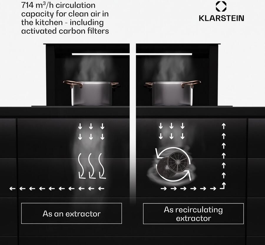 Klarstein Afzuigkap Royal Flush Eco 60 Downdraft 60 cm Uittrekbaar tafel- & werkblad Luchtafvoer vermogen: max. 714 m³ h Energie-efficiëntieklasse A+ LED strip Roestvrij staal 604.1 m³ u voor Keuken Inbouw Afzuiging Touch Vetfilter