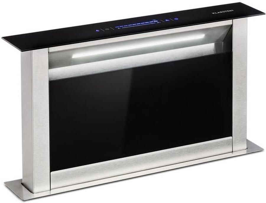 Klarstein Afzuigkap Royal Flush Eco 60 Downdraft 60 cm Uittrekbaar tafel- & werkblad Luchtafvoer vermogen: max. 576 m³ h Energie-efficiëntieklasse A+ LED strip Zwart Inbouw Touch Vetfilter RVS Dampkap Wasemkap