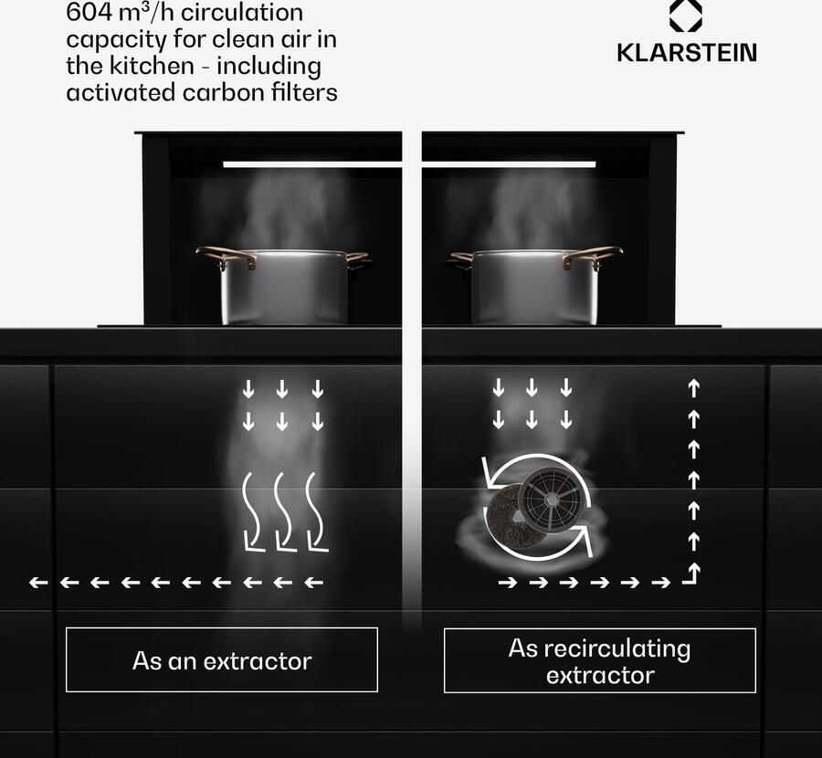 Klarstein Afzuigkap Royal Flush Eco 60 Downdraft 60 cm Uittrekbaar tafel- & werkblad Luchtafvoer vermogen: max. 714 m³ h Energie-efficiëntieklasse A+ LED strip Roestvrij staal 604.1 m³ u voor Keuken Inbouw Afzuiging Touch Vetfilter
