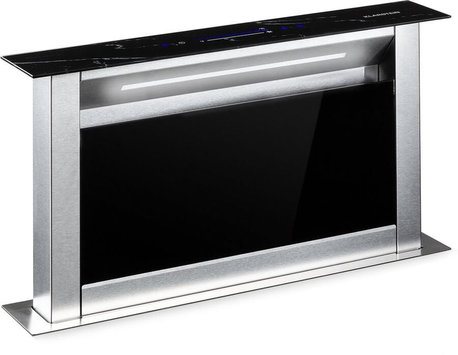 Klarstein Afzuigkap Royal Flush Eco Downdraft 90 cm Uittrekbaar tafel- & werkblad afzuigkap Luchtafvoervermogen: Max. 604 M³ H Energie-efficiëntieklasse A++ Touch-to-slide bedieningspaneel LED Strip Pure ambience Zwart