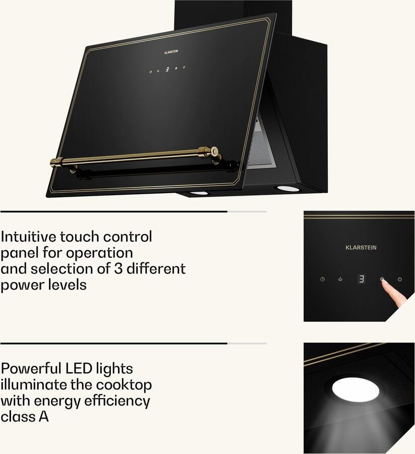 Klarstein Victoria Dunstabzugshaube 60 cm Abzugshaube 400 m³ h Luftstrom A++ Energieeffizienz Touch Bedienfeld LED Beleuchtung Schwarz Gold Abluft & Umluft Leise 52 dB – geschikt voor thuisfitness en sportschoolgebruik duurzame constructie e