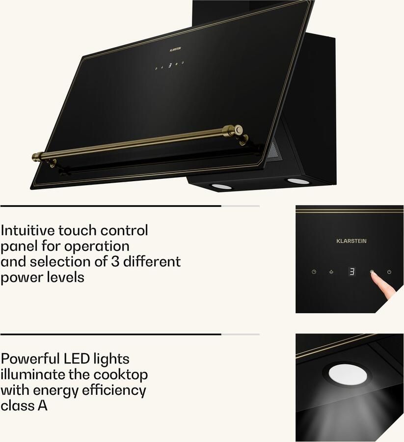 Klarstein Victoria Dunstabzugshaube 90 cm Abzugshaube 400 m³ h Luftstrom A++ Energieeffizienz Touch Bedienfeld LED Beleuchtung Schwarz Gold Abluft & Umluft Leise 52 dB – geschikt voor thuisfitness en sportschoolgebruik duurzame constructie e
