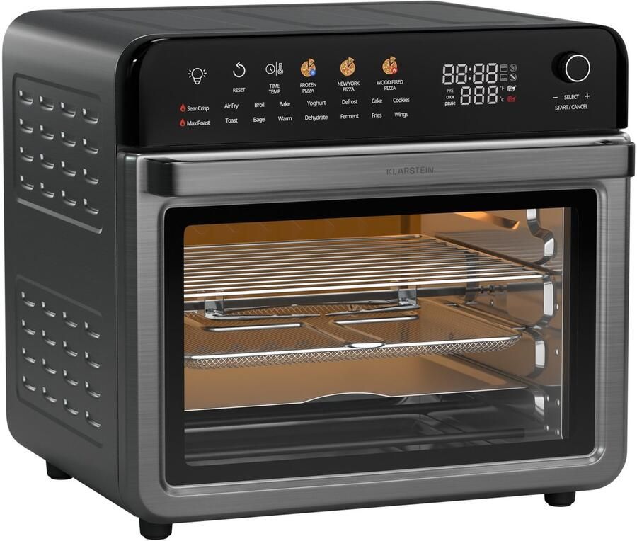 Klarstein AirGlaze Digital Colour Heißluftfritteuse – 34 L 2200 W 19 Programme Drehspieß Touch Display 40 350 °C Pizzastein & Grillroste Edelstahl Doppelt Verglaste Tür Schwarz – geschikt voor thuisfitness en sportschoolgebruik duurzame con
