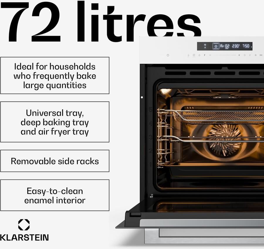 Klarstein Airfryer Airjet inbouwoven 72 liter elektrische oven met -modus 13 kookfuncties touchbediening geëmailleerde binnenkant A++ energieklasse driedubbele beglazing geïntegreerde enkele oven wit voor Keuken