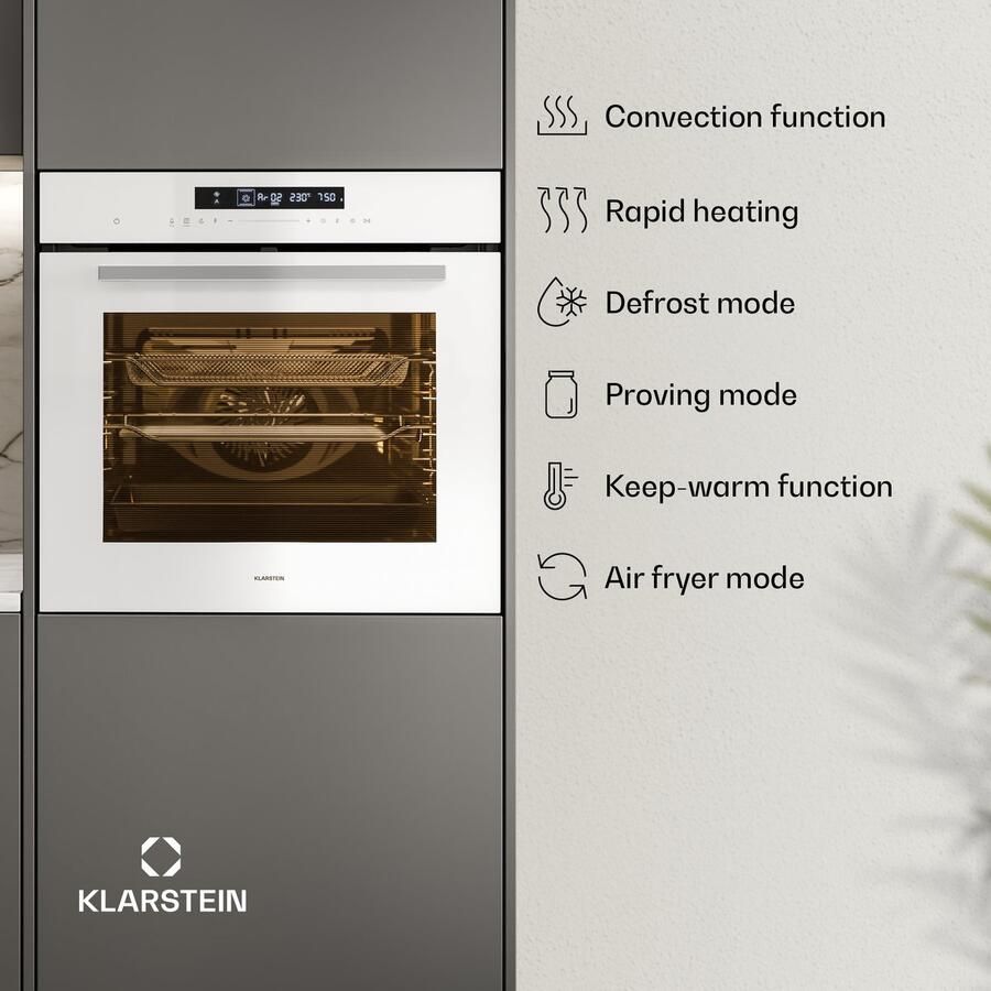 Klarstein Airfryer Airjet inbouwoven 72 liter elektrische oven met -modus 13 kookfuncties touchbediening geëmailleerde binnenkant A++ energieklasse driedubbele beglazing geïntegreerde enkele oven wit voor Keuken