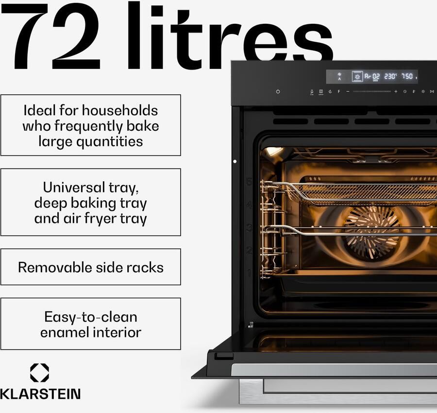 Klarstein Airfryer Airjet inbouwoven 72 liter elektrische oven met -modus 13 kookfuncties touchbediening geëmailleerde binnenkant A++ energieklasse driedubbele beglazing geïntegreerde enkele oven zwart voor Keuken - Foto 2