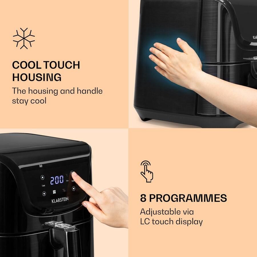 Klarstein airfryer Sparsamer Airfryer Fritteuse hete lucht Fritteuse voor Knusprige Pommes Air Fryer met 1700 Watt XXL Frittierkorb 5 Liter Thermostaat Timer 8 Programme Graphitgrau Heteluchtfriteuse Programma Touch
