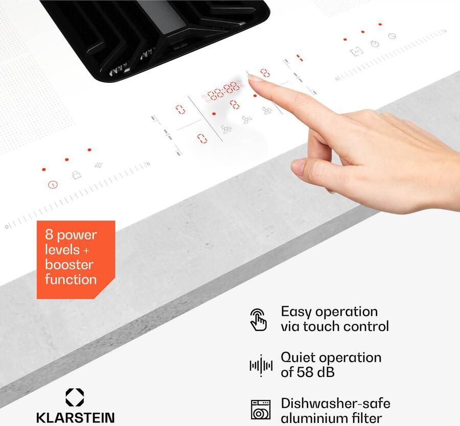 Klarstein AirJet FlexPro Induktionskochfeld Mit Dunstabzug A++ Effizienz 750 m³ h Luftstrom 14 kW Leistung 4 Flexzonen Leise 58 dB Touch Steuerung Weiß – geschikt voor thuisfitness en sportschoolgebruik duurzame constructie eenvoudig te monte - Foto 2