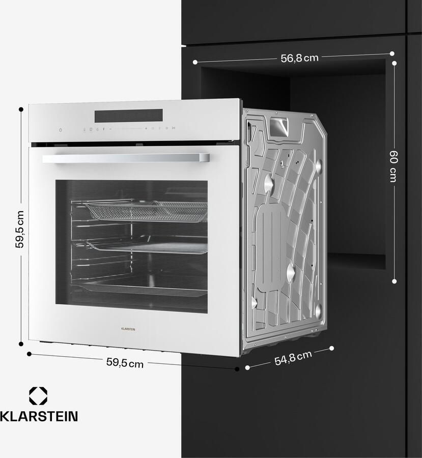 Klarstein Airjet inbouwoven 72 liter elektrische oven met airfryer-modus 13 kookfuncties touchbediening geëmailleerde binnenkant A++ energieklasse driedubbele beglazing geïntegreerde enkele oven wit