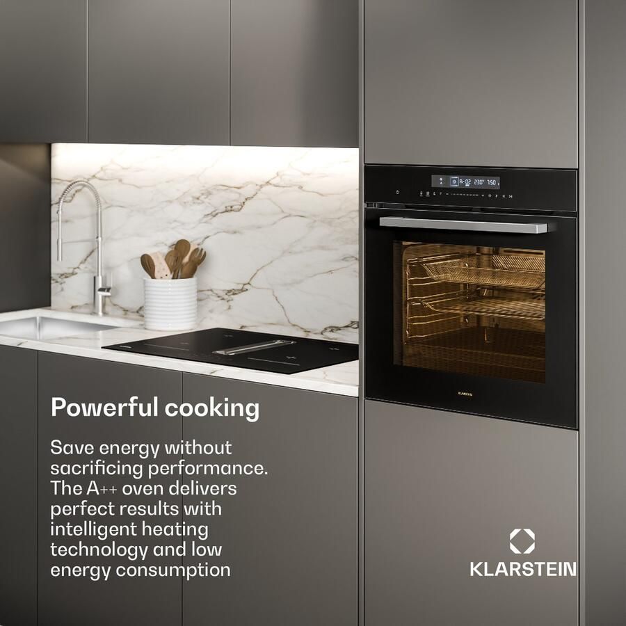 Klarstein Airjet inbouwoven 72 liter elektrische oven met Airfryer-modus 13 kookfuncties touchbediening geëmailleerde binnenkant A++ energieklasse driedubbele beglazing geïntegreerde enkele oven zwart