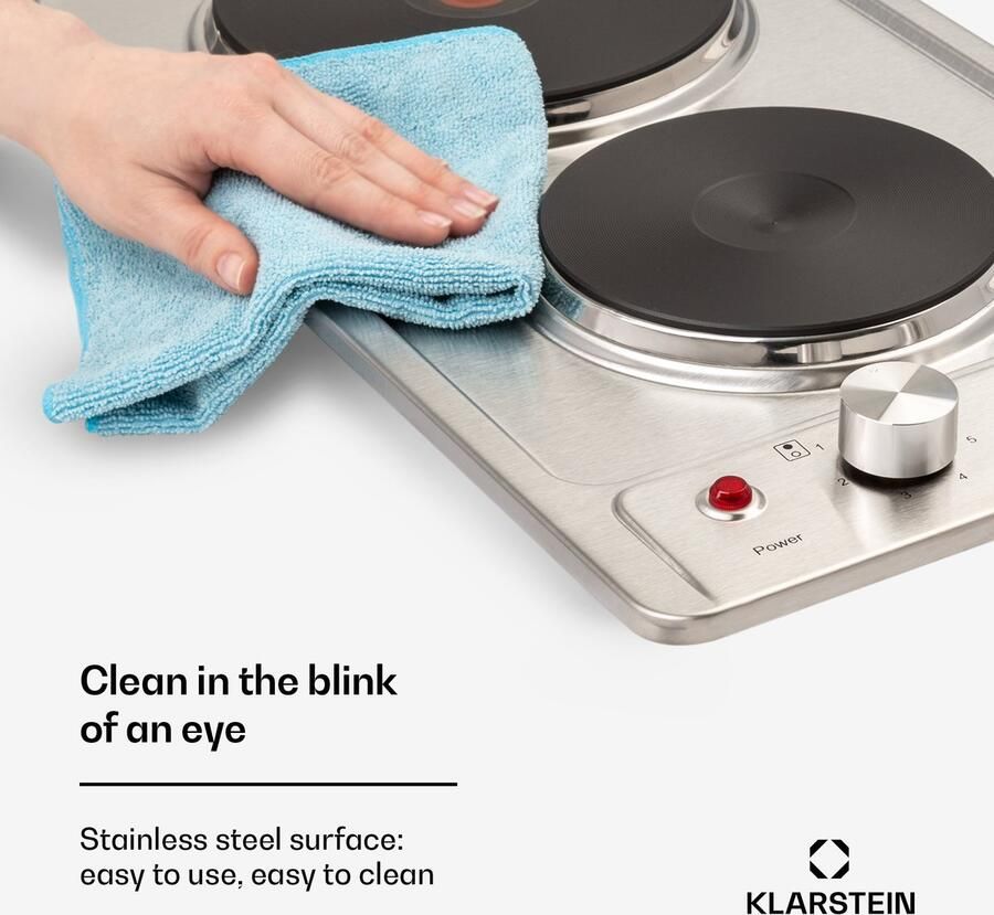Klarstein Appetito Domino Inbouw Elektrische Kookplaat Twee Kookplaten :1000 En 2000 Watt Dubbele Power 6 Standen Roestvrij Stalen Oppervlak Eenvoudige Bediening LED-Controlelampje Eenvoudige Bediening Met Draaiknoppen Zilver - Foto 3