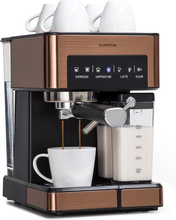 Klarstein Arabica Comfort Espressomachine 1350 Watt 20 Bar Uitneembare Watertank: 1 -8 Liter 90° Rvs Stoompijpje Uitneembaar Melkreservoir Touch Bedieningspaneel Leddisplay Afwasbaar Lekrooster Bekerwarmer Koperkleur