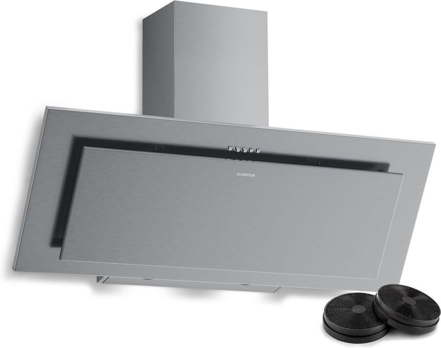 Klarstein Athena schuine afzuigkap 90 cm 404 m³ u luchtstroom A+++ energie ledverlichting 3 snelheden stil recirculatie en afzuiging vaatwasmachinebestendig filter moderne afzuigkap roestvrij staal