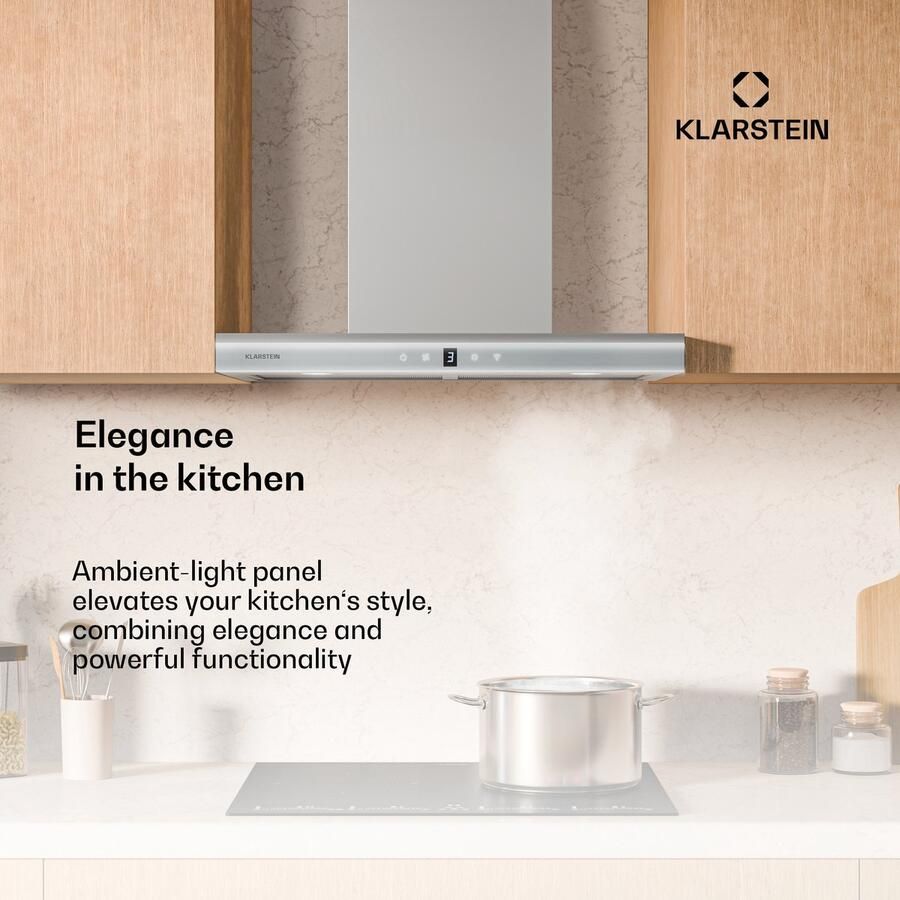 Klarstein Auriana Dunstabzugshaube 60 cm Wandhaube 700 m³ h Luftdurchsatz A+ Energieeffizienz WLAN & Touch Steuerung LED Beleuchtung 6000 K 110 W Motor Schwarz Abluft & Aktivkohlefilter – geschikt voor thuisfitness en sportschoolgebruik duurz