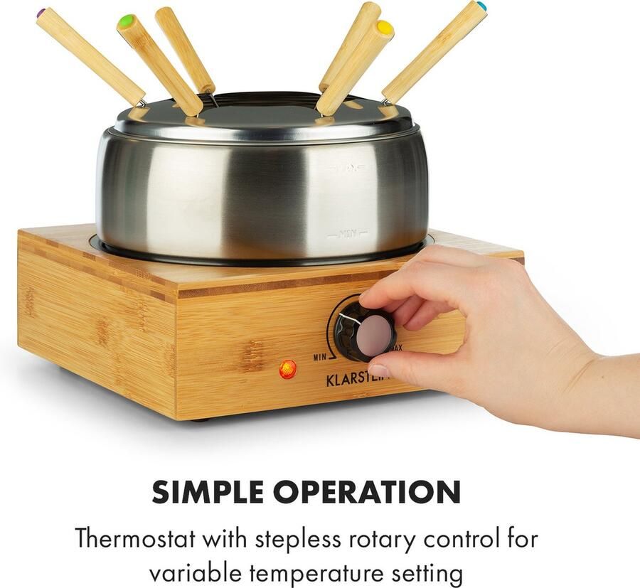 Klarstein Bamboe fondue roestvrij stalen pan voor maximaal 6 personen thermostaat 1 3 liter max. 800W