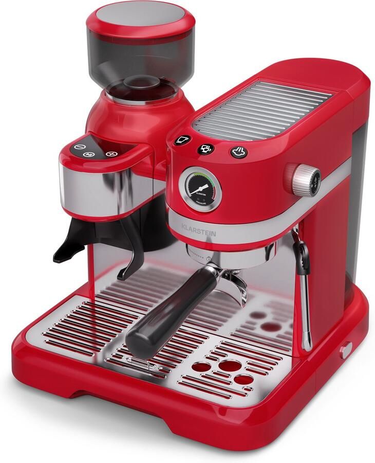 Klarstein Koffiemachine Bella Café espressomachine met ingebouwde molen – 19 bar 1550 W 1 4 liter waterreservoir geïntegreerde conische maalschijf melkschuimer 2 kopjeshouders kunststof rood voor Keuken LED Coffee Machine - Foto 6