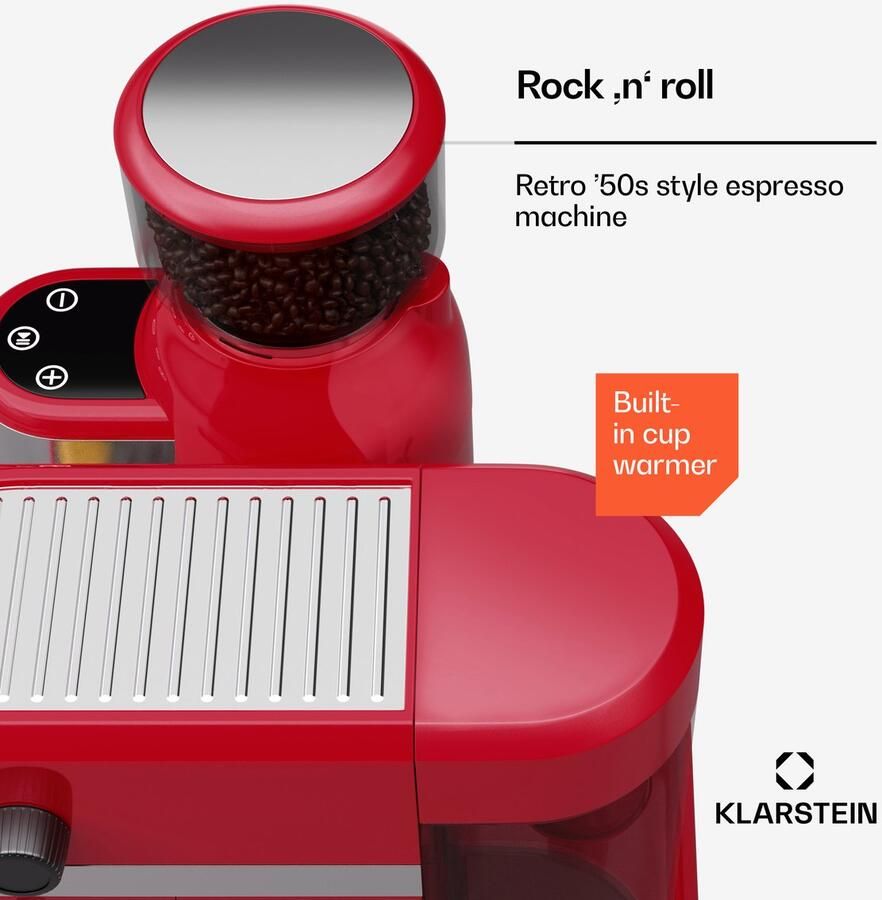 Klarstein Koffiemachine Bella Café espressomachine met ingebouwde molen – 19 bar 1550 W 1 4 liter waterreservoir geïntegreerde conische maalschijf melkschuimer 2 kopjeshouders kunststof rood voor Keuken LED Coffee Machine - Foto 3