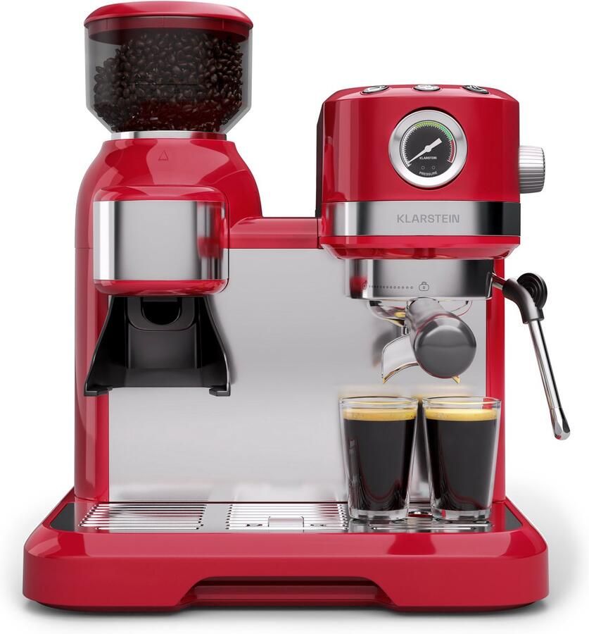 Klarstein Koffiemachine Bella Café espressomachine met ingebouwde molen – 19 bar 1550 W 1 4 liter waterreservoir geïntegreerde conische maalschijf melkschuimer 2 kopjeshouders kunststof rood voor Keuken LED Coffee Machine - Foto 4