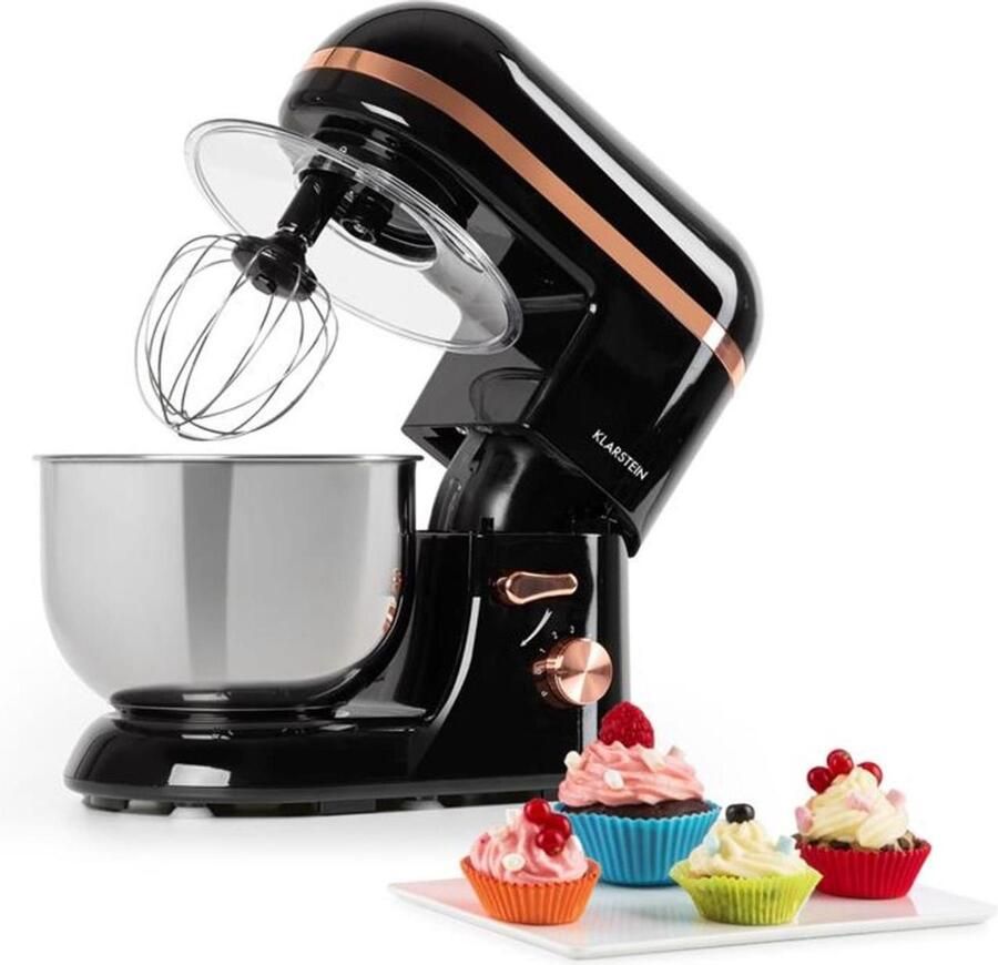 Klarstein Bella Elegance Keukenmachine 2000 W 5 2 Liter RVS zonder BPA Stijvol 6 Standen 3 Menghaken Planetair Roersysteem Pulse-Functie Spatbescherming Functionele Applicaties Perfect Vermengen Kleurrijk Design Zwart