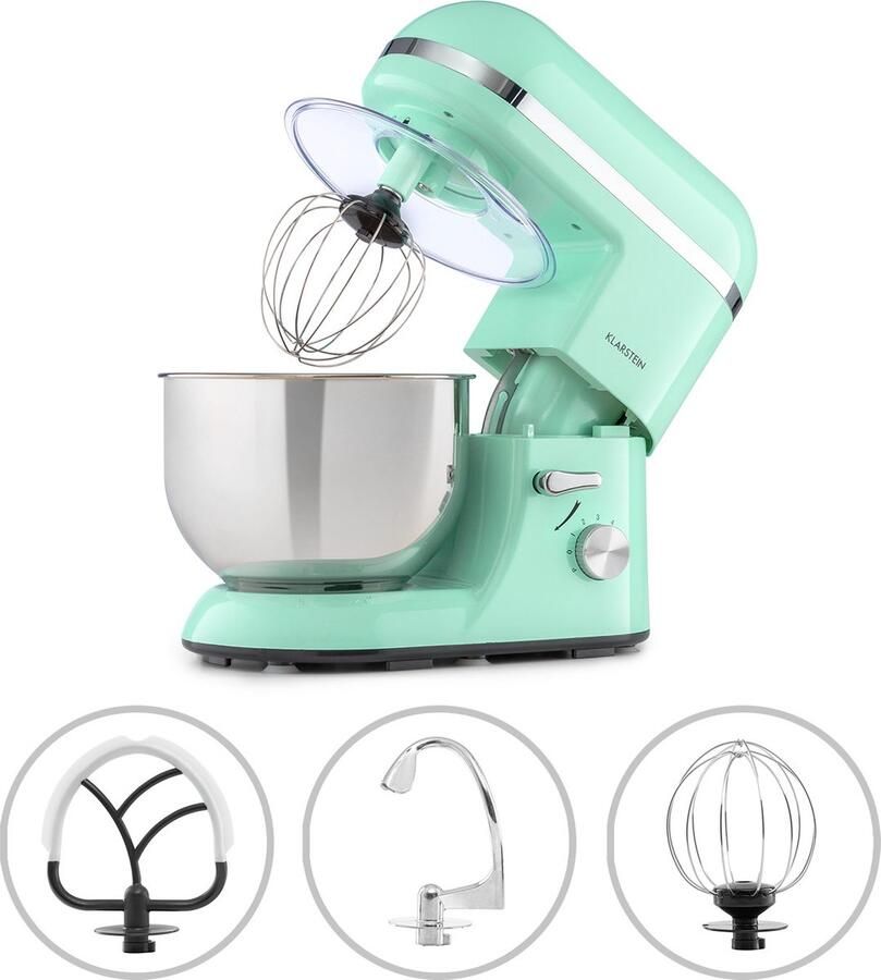 Klarstein Bella Elegance Keukenmachine Mixer 2000 W 6 Vermogensstanden Pulse Functie Planetair Mengsysteem 5 L Roestvrijstalen Kom 3-Delig Accessoires: Deeg- & Kneedhaak Garde Applicaties Roestvrij Staal Zonder BPA Pastelgroen