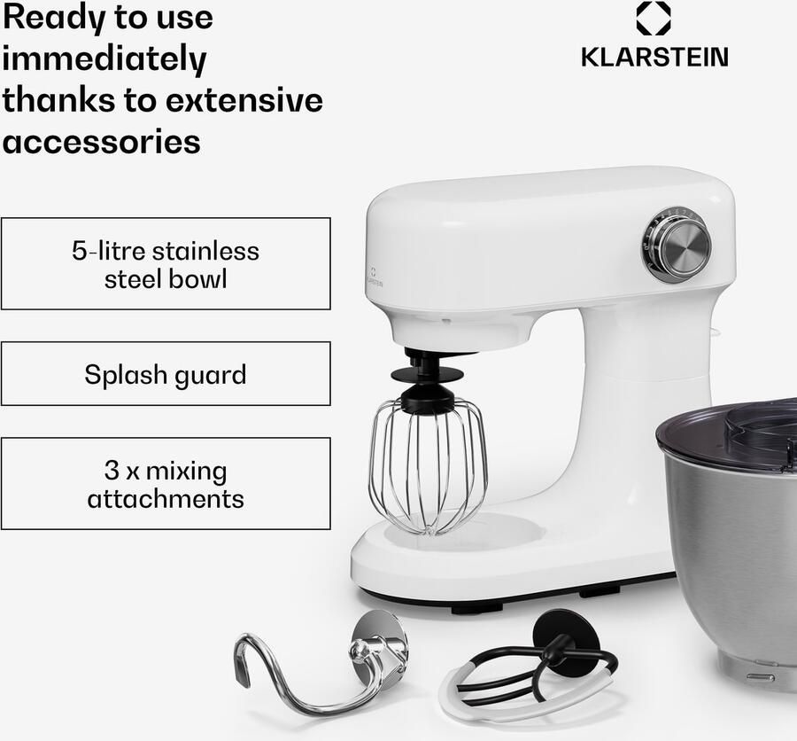 Klarstein Bella Evo 1500W keukenrobot – 5 liter roestvrijstalen kom 12 snelheden planetaire mixfunctie pulsefunctie deeghaak klopper en garde keukenrobot voor bakken wit