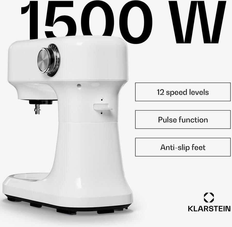 Klarstein Bella Evo 1500W keukenrobot – 5 liter roestvrijstalen kom 12 snelheden planetaire mixfunctie pulsefunctie deeghaak klopper en garde keukenrobot voor bakken wit - Foto 3
