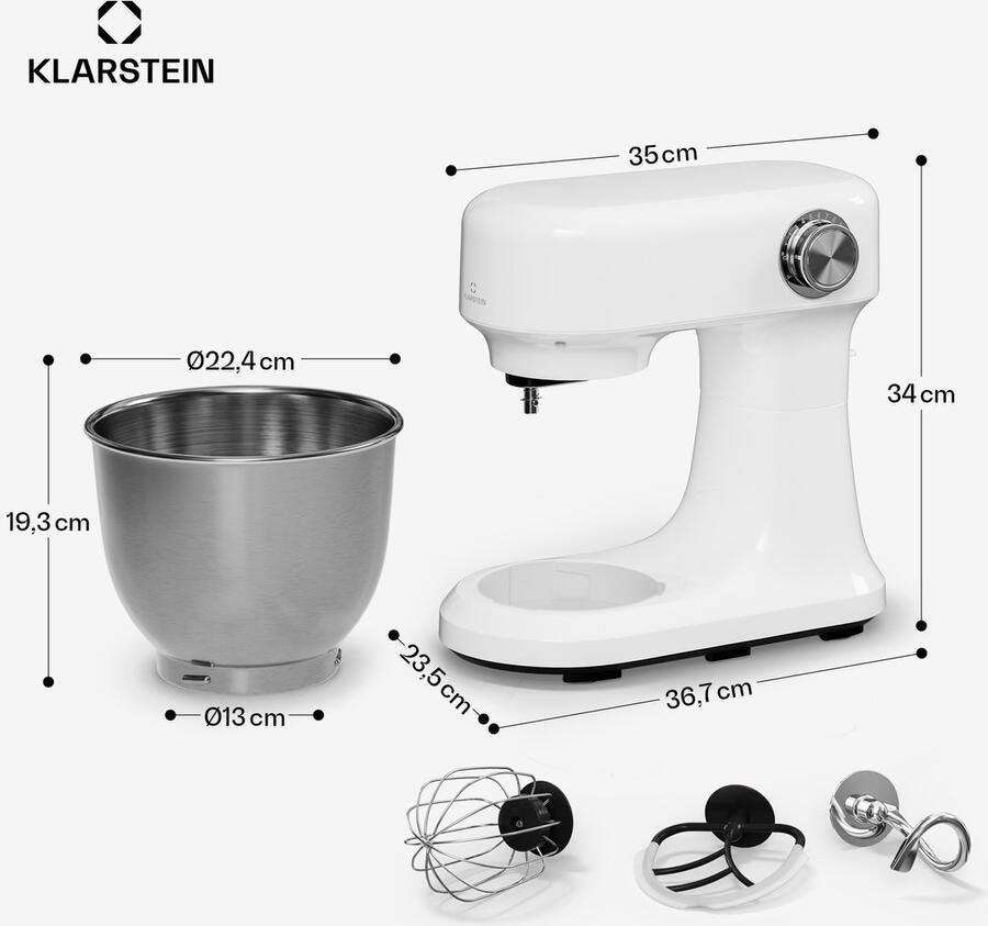 Klarstein Bella Evo 1500W keukenrobot – 5 liter roestvrijstalen kom 12 snelheden planetaire mixfunctie pulsefunctie deeghaak klopper en garde keukenrobot voor bakken wit - Foto 4
