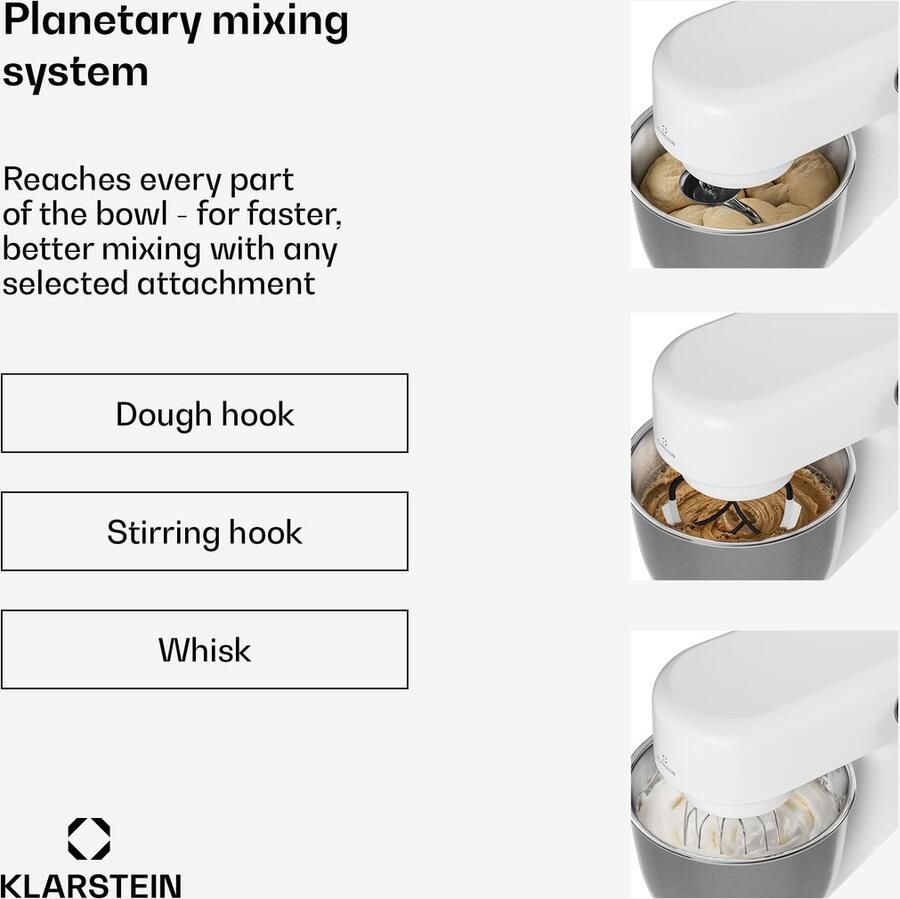 Klarstein Bella Evo 1500W keukenrobot – 5 liter roestvrijstalen kom 12 snelheden planetaire mixfunctie pulsefunctie deeghaak klopper en garde keukenrobot voor bakken wit - Foto 2