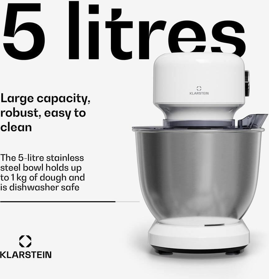Klarstein Bella Evo 1500W keukenrobot – 5 liter roestvrijstalen kom 12 snelheden planetaire mixfunctie pulsefunctie deeghaak klopper en garde keukenrobot voor bakken wit - Foto 5
