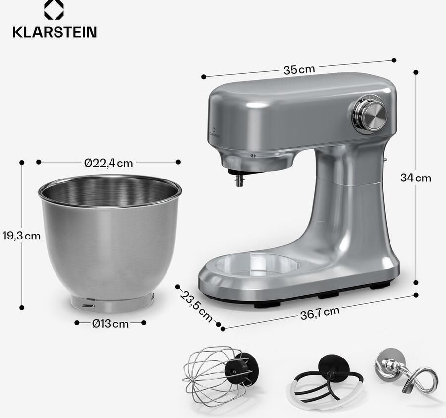 Klarstein Bella Evo 1500W keukenrobot – 5L roestvrijstalen kom 12 snelheden planetaire mixfunctie pulsefunctie deeghaak klopper & garde keukenrobot voor bakken zilver