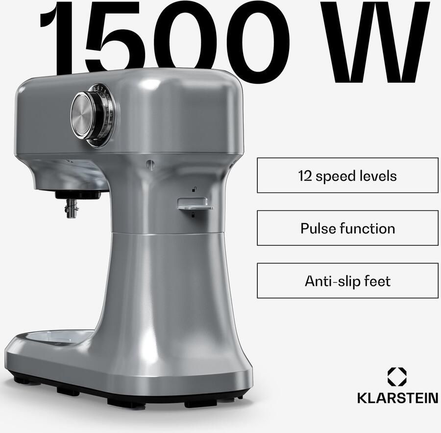 Klarstein Bella Evo 1500W keukenrobot – 5L roestvrijstalen kom 12 snelheden planetaire mixfunctie pulsefunctie deeghaak klopper & garde keukenrobot voor bakken zilver