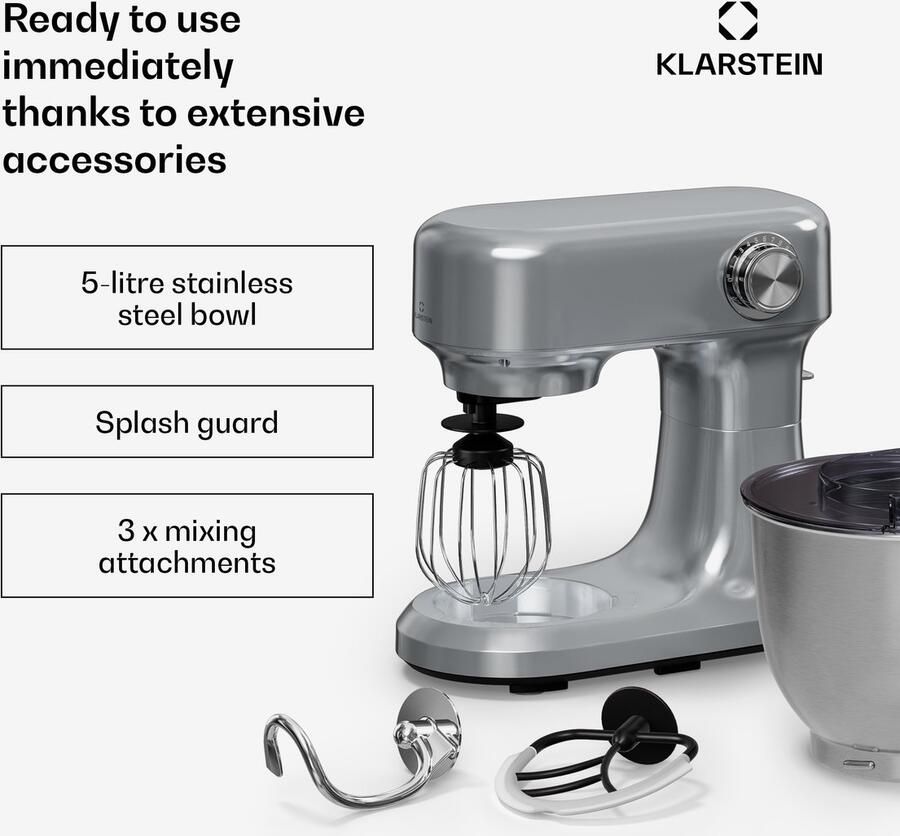 Klarstein Bella Evo 1500W keukenrobot – 5L roestvrijstalen kom 12 snelheden planetaire mixfunctie pulsefunctie deeghaak klopper & garde keukenrobot voor bakken zilver