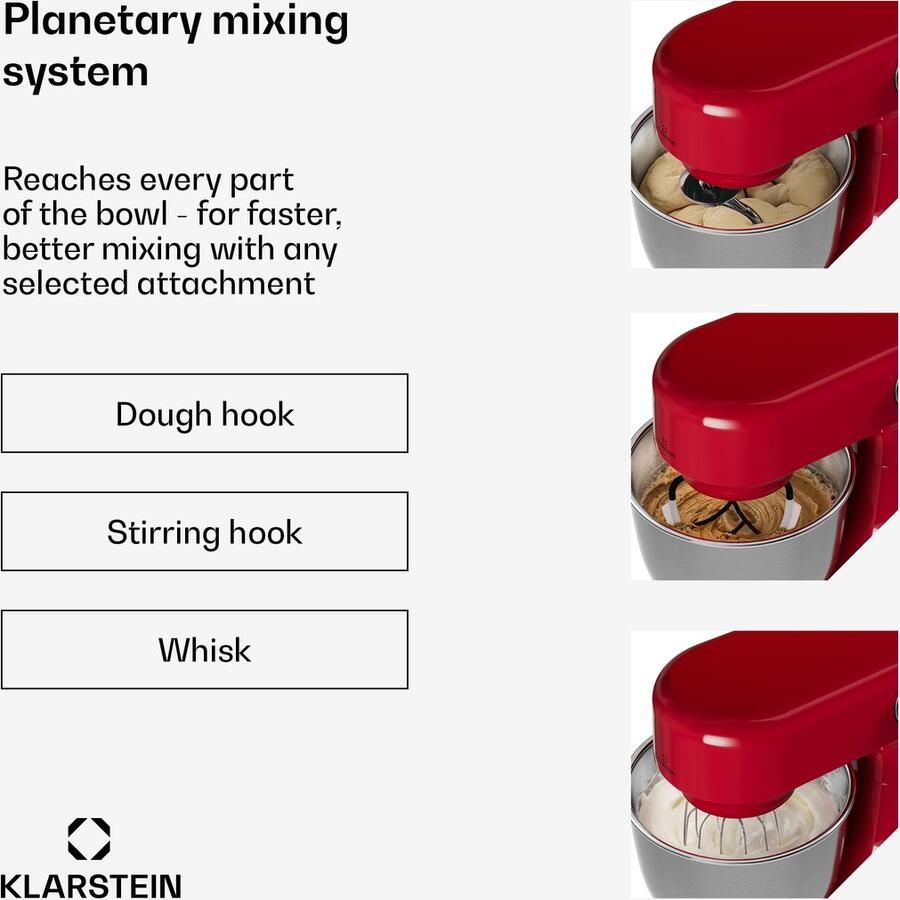 Klarstein Bella Evo 1500W keukenrobot – 5L roestvrijstalen kom 12 snelheden planetaire mixfunctie pulsefunctie deeghaak klopper & garde keukenrobot voor bakken rood