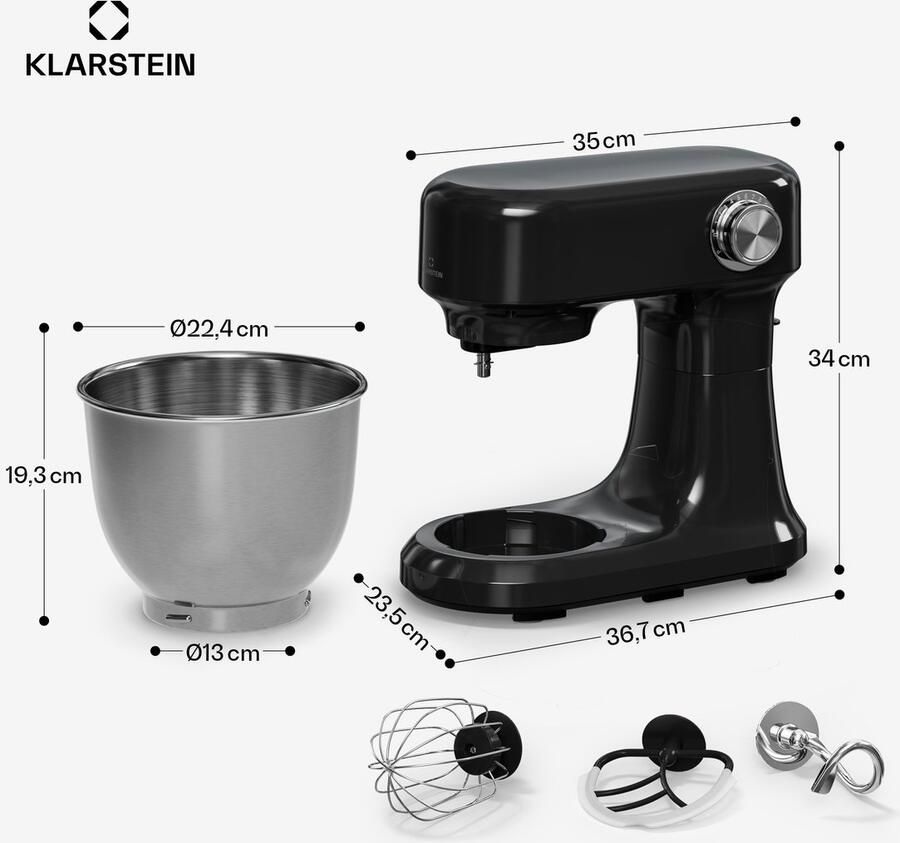 Klarstein Bella Evo 1500W keukenrobot – 5L roestvrijstalen kom 12 snelheden planetaire mixfunctie pulsefunctie deeghaak klopper en garde keukenrobot voor bakken zwart