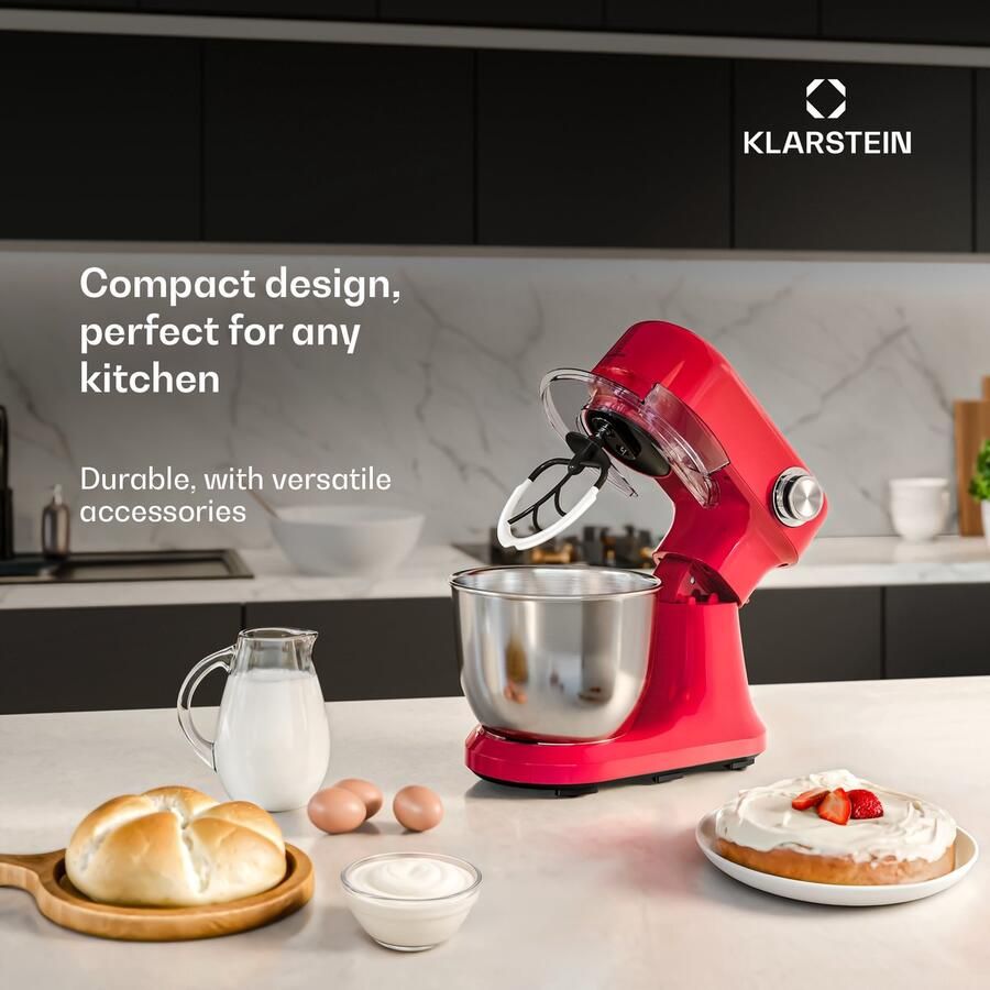 Klarstein Bella Evo 1500W keukenrobot – 5L roestvrijstalen kom 12 snelheden planetaire mixfunctie pulsefunctie deeghaak klopper & garde keukenrobot voor bakken rood - Foto 2