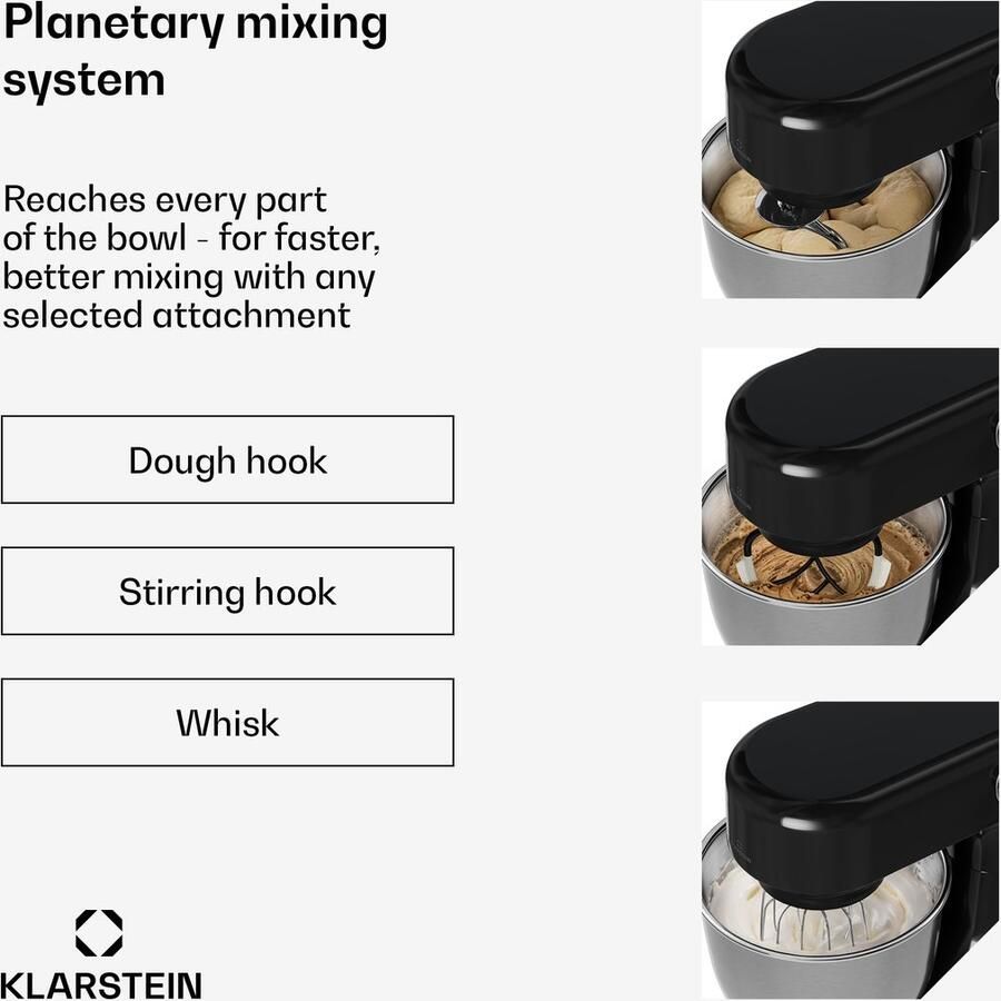 Klarstein Bella Evo 1500W keukenrobot – 5L roestvrijstalen kom 12 snelheden planetaire mixfunctie pulsefunctie deeghaak klopper en garde keukenrobot voor bakken zwart
