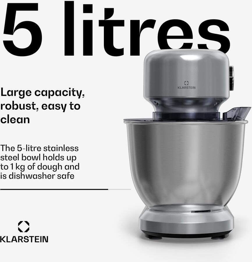 Klarstein Bella Evo 1500W keukenrobot – 5L roestvrijstalen kom 12 snelheden planetaire mixfunctie pulsefunctie deeghaak klopper & garde keukenrobot voor bakken zilver - Foto 4