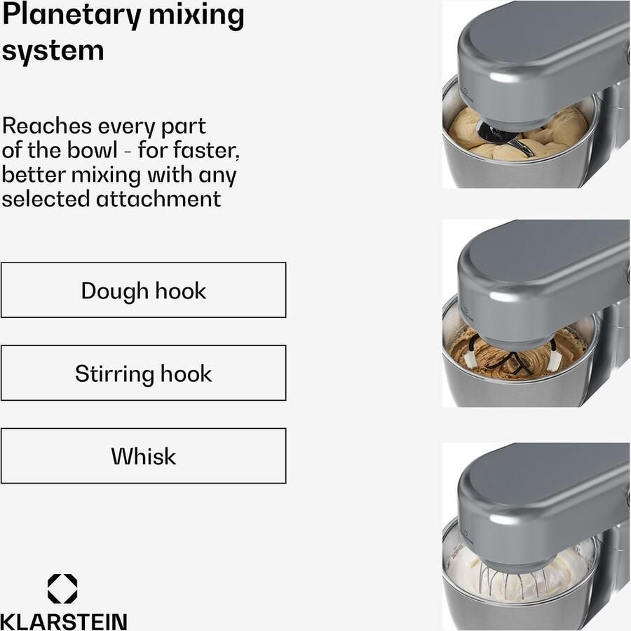 Klarstein Bella Evo 1500W keukenrobot – 5L roestvrijstalen kom 12 snelheden planetaire mixfunctie pulsefunctie deeghaak klopper & garde keukenrobot voor bakken zilver - Foto 2