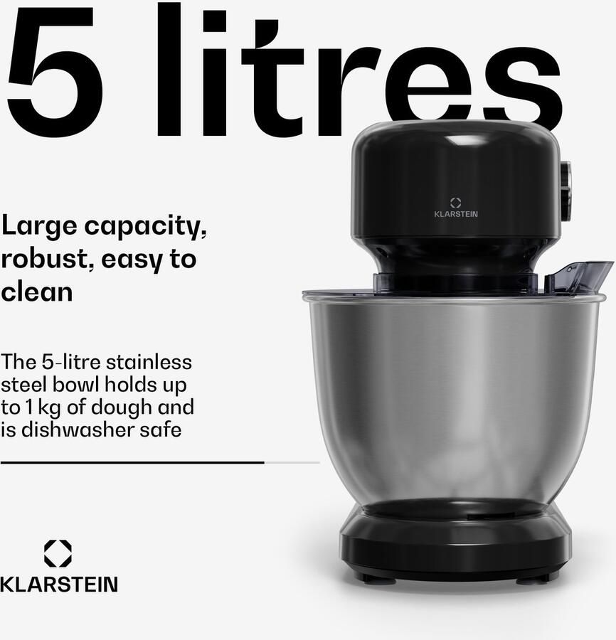 Klarstein Bella Evo 1500W keukenrobot – 5L roestvrijstalen kom 12 snelheden planetaire mixfunctie pulsefunctie deeghaak klopper en garde keukenrobot voor bakken zwart - Foto 5