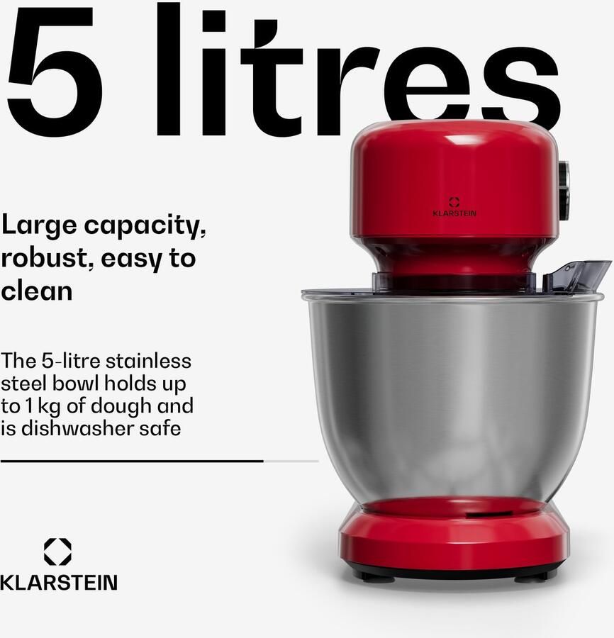 Klarstein Bella Evo 1500W keukenrobot – 5L roestvrijstalen kom 12 snelheden planetaire mixfunctie pulsefunctie deeghaak klopper & garde keukenrobot voor bakken rood - Foto 5