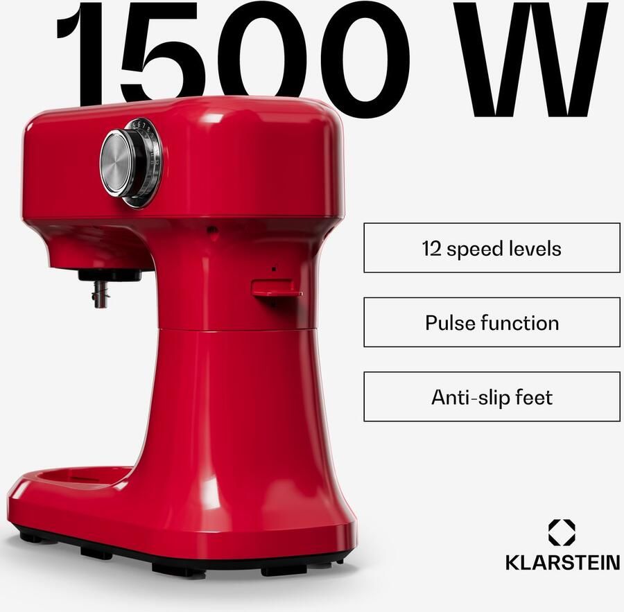 Klarstein Bella Evo 1500W keukenrobot – 5L roestvrijstalen kom 12 snelheden planetaire mixfunctie pulsefunctie deeghaak klopper & garde keukenrobot voor bakken rood - Foto 3