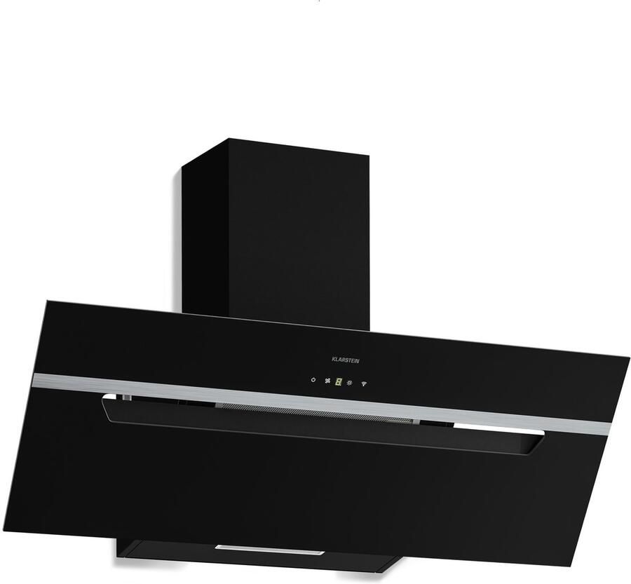 Klarstein BigBite schuine afzuigkap 90 cm glazen design 417 m³ u boost A+++ energieklasse ledverlichting touchbediening 3+booststanden stil afzuiging en recirculatie afzuigkap zwart