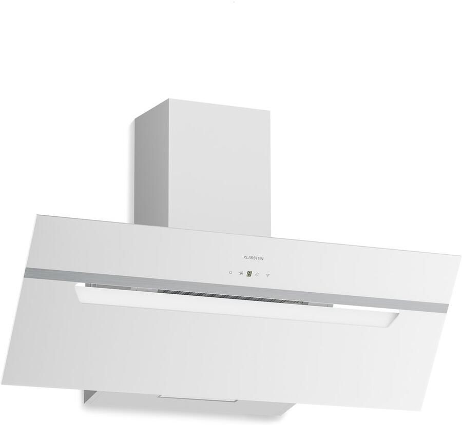Klarstein BigBite schuine afzuigkap 90 cm glazen design 417 m³ u boost A+++ energieklasse ledverlichting touchbediening 3+booststanden stil afzuiging en recirculatie afzuigkap wit