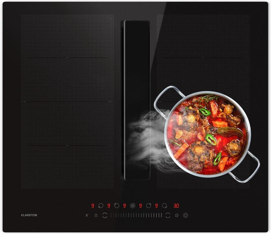 Klarstein Chef Fusion Induktionskochfeld Mit Dunstabzug 60 cm 600 m³ h 6400 W Flexzone Energieeffizienz A Touch Bedienung Platzsparend Schwarz Induktionskochplatte – geschikt voor thuisfitness en sportschoolgebruik duurzame constructie eenv - Foto 2
