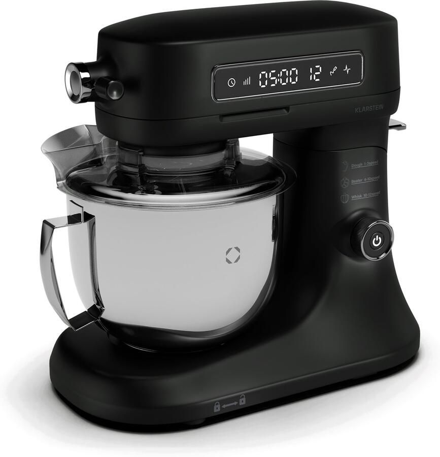 Klarstein Chiara Keukenmachine 1600W 5 Liter Roestvrijstalen kom 12 Snelheden LCD Touch Display ≤72 dB Vaatwasmachinebestendige patisserie set Gegoten aluminium behuizing Zwart
