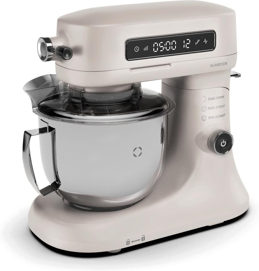 Klarstein Chiara Keukenmachine 1600W 5 Liter Roestvrijstalen kom 12 Snelheden LCD Touch Display ≤72 dB Vaatwasmachinebestendige patisserie set Gegoten aluminium behuizing Zandkleur
