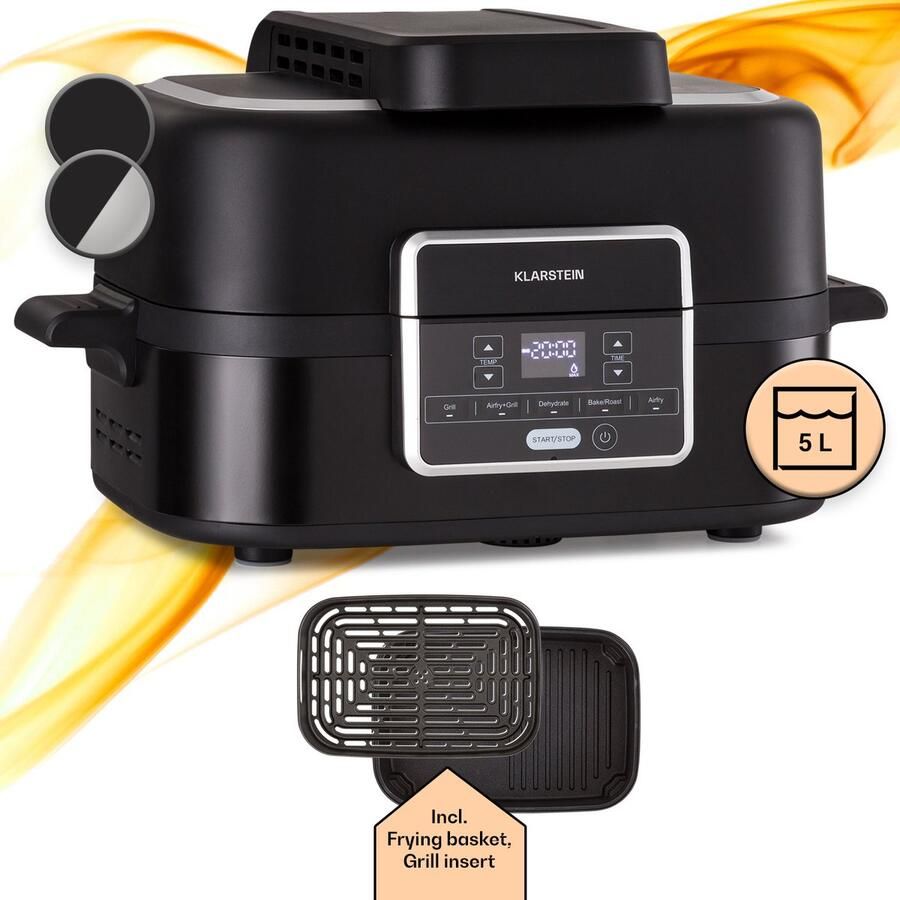 Klarstein Combo Air heteluchtfriteuse air fryer friteuse met grill 1500 W 4 5 liter grillmand 2 5 liter frituurmand 5 programma's grillfunctie timer anti-aanbaklaag vaatwasmachinebestendig thermostaat 30 200 °C leddisplay zuignappen