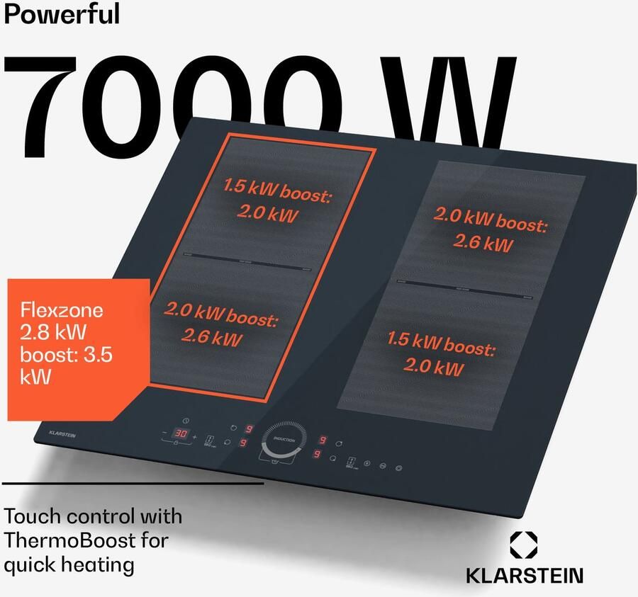 Klarstein Delicatessa 60 inductiekookplaat – 4-zone inbouwkookplaat 7.000 W met flexzone en thermoboost schuifregelaar kinderslot zwart glaskeramisch design van 59 cm - Foto 4