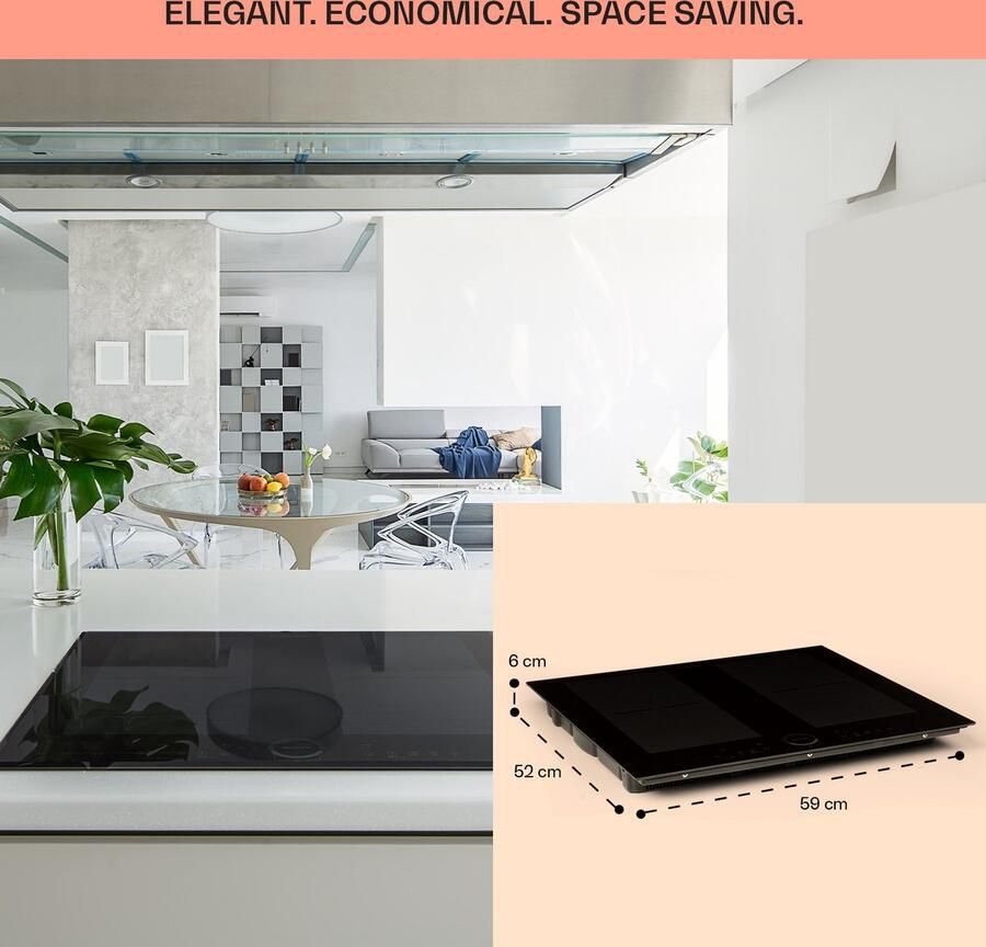 Klarstein Delicatessa 60 Inductiekookplaat Inbouw 4 Zones: 7000 W (2 X 2000 W 2 X 1500 W) 9 Vermogensstanden Met Thermoboost Kookplaat: 60 X 52 Cm Glaskeramisch Oppervlak EcoTherman Controle Flexzone Elegant Zwart